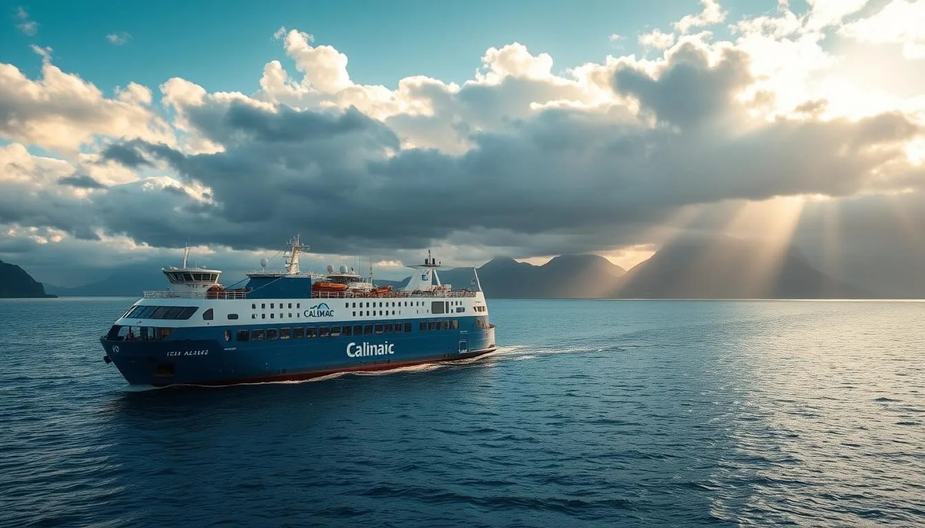 CalMac ferry approaching the Outer Hebrides with dramatic clouds and sunlight breaking through