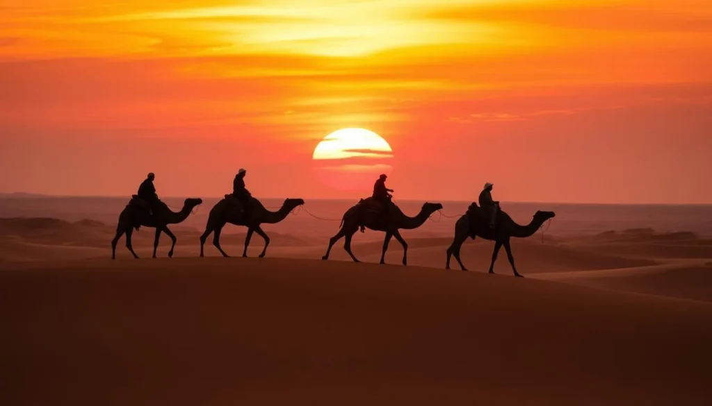Camel caravan crossing the golden sand dunes of Erg Chebbi in the Sahara Desert, a must-do experience in Morocco