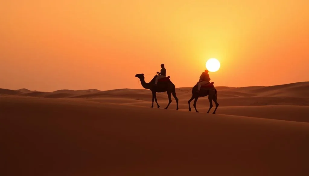 Camel caravan trekking through the sand dunes of Western Sahara at sunset Camel caravan trekking through the sand dunes of Western Sahara at sunset