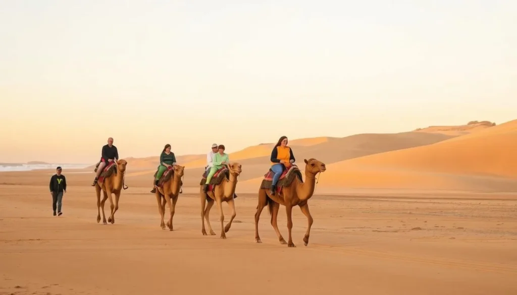 Camel ride along Birubi Beach with the sand dunes visible in the background