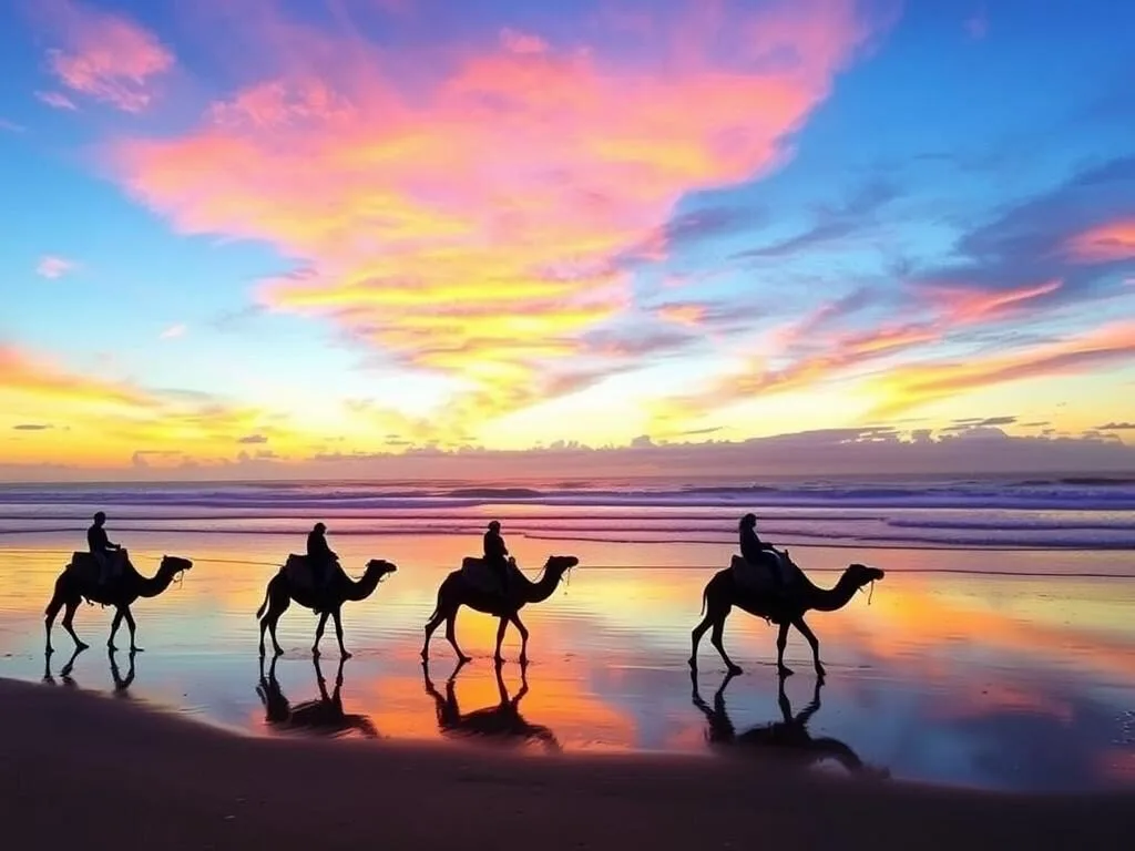 Camel rides along Lighthouse Beach at sunset