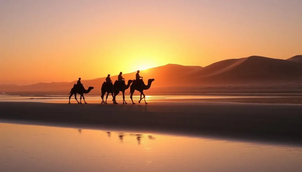 Camel train walking along Birubi Beach at sunset with the Stockton Sand Dunes in the background Camel train walking along Birubi Beach at sunset with the Stockton Sand Dunes in the background