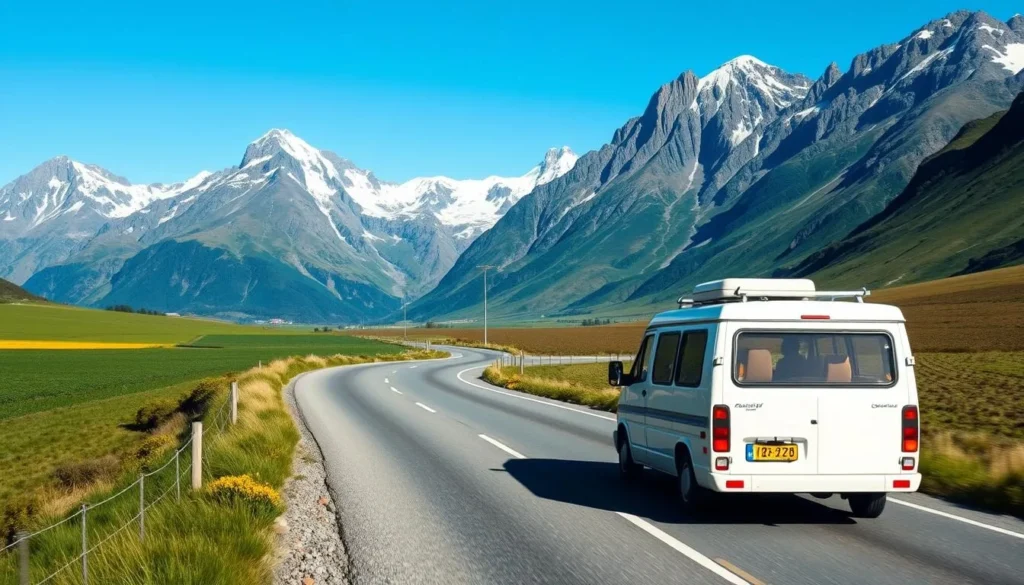 Campervan driving on scenic New Zealand road with mountains, popular way to see New Zealand best things to do Campervan driving on scenic New Zealand road with mountains, popular way to see New Zealand best things to do