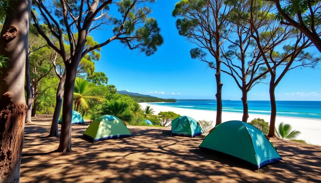 Camping area in Fitzroy Island National Park, Queensland with tents among trees Camping area in Fitzroy Island National Park, Queensland with tents among trees