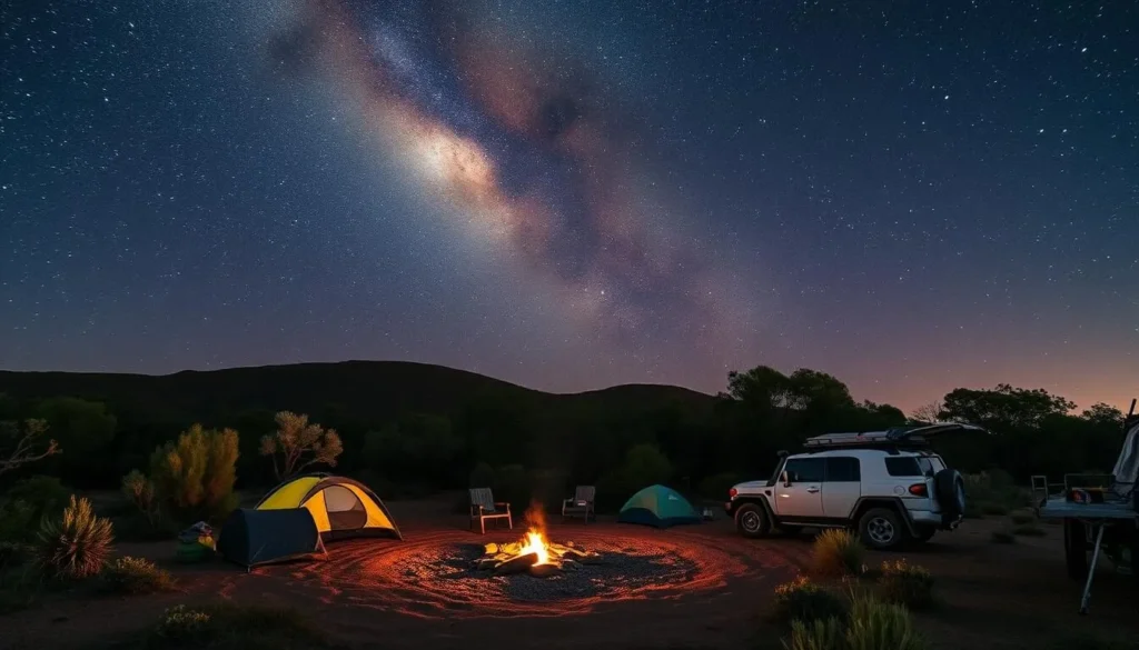 Camping site at Kolay Hut in Gawler Ranges National Park with tents under starry night sky