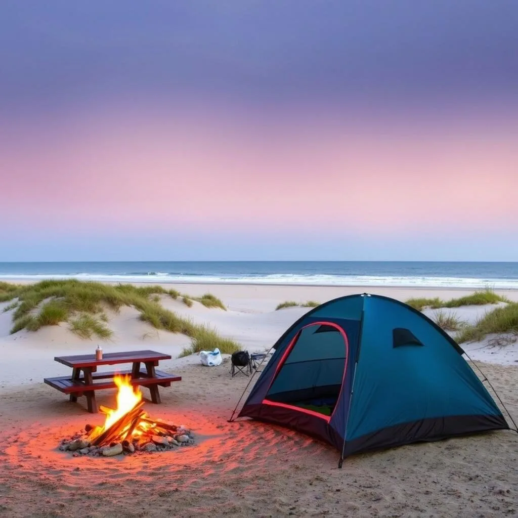 Camping site at Mustang Island State Park with tent set up near the beach dunes