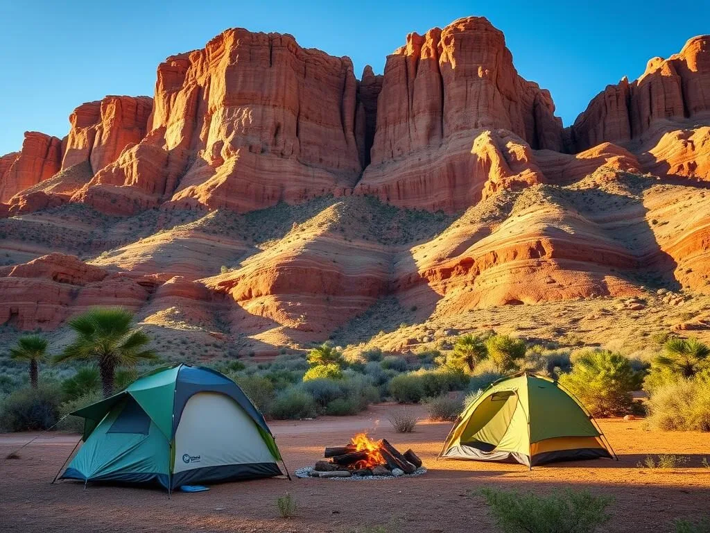 Campsite at Dinosaur National Monument with tents and red rock backdrop Campsite at Dinosaur National Monument with tents and red rock backdrop