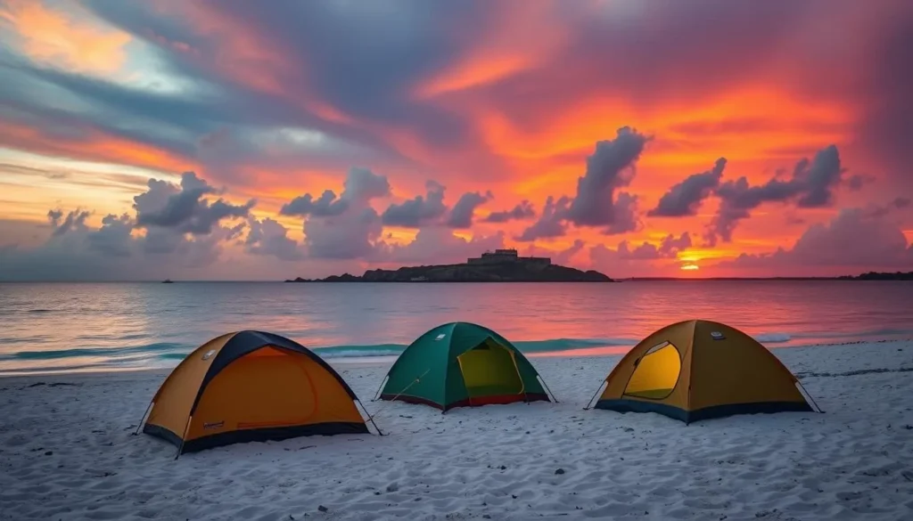 Campsite at Garden Key with Fort Jefferson and sunset in the background