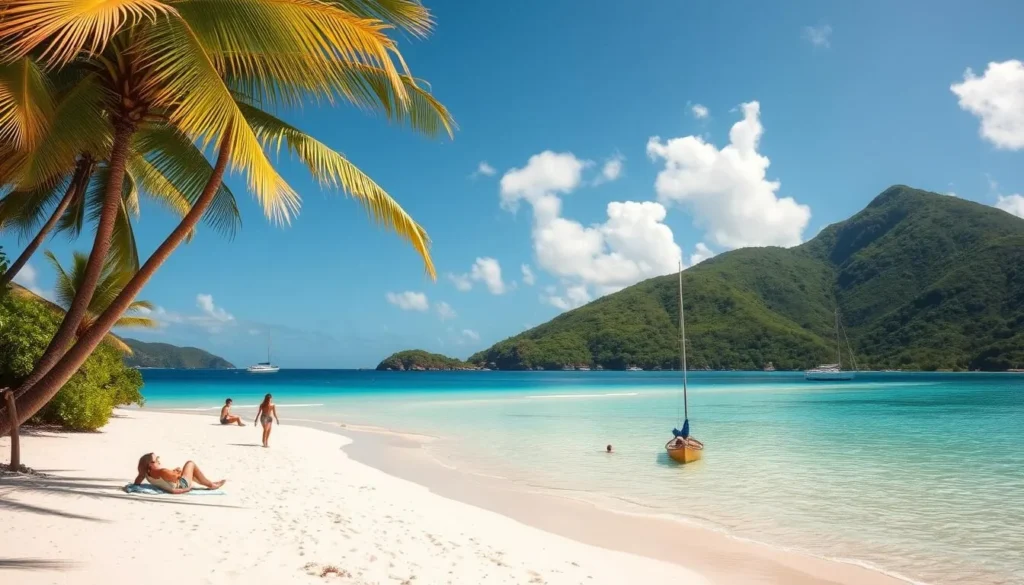 Cane Garden Bay beach on a perfect sunny day with palm trees and turquoise water, a popular Road Town Tortola thing to do Cane Garden Bay beach on a perfect sunny day with palm trees and turquoise water, a popular Road Town Tortola thing to do