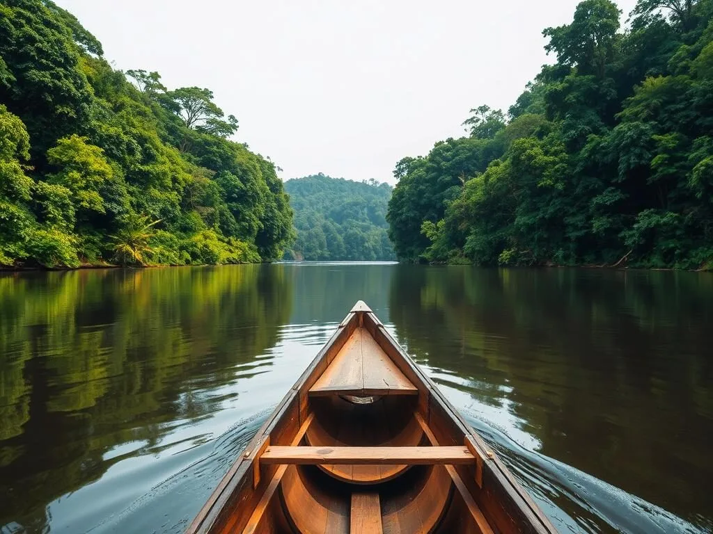 Canoe safari on the river in Outamba-Kilimi National Park, Sierra Leone with lush forest banks Canoe safari on the river in Outamba-Kilimi National Park, Sierra Leone with lush forest banks