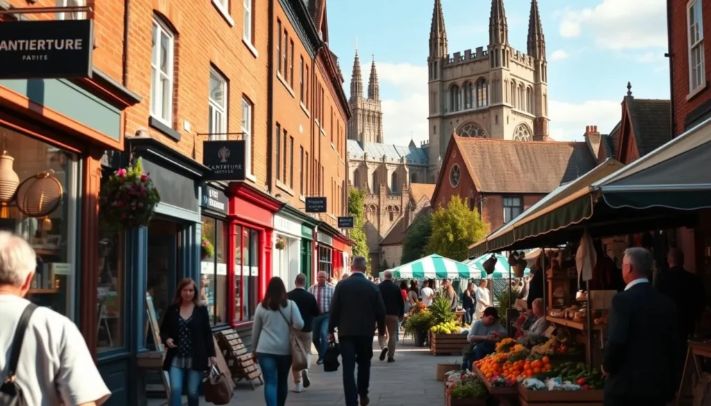 Canterbury shopping experience on a sunny day - a bustling street lined with charming brick buildings, colorful storefronts, and quaint boutiques. People stroll by, browsing handcrafted goods, artisanal foods, and local fashion. In the middle ground, a lively open-air market showcases fresh produce, flowers, and artisan crafts. The background features the iconic Canterbury Cathedral, its gothic spires rising majestically. Warm, natural lighting bathes the scene, creating a vibrant, inviting atmosphere. Capture the essence of this quintessential English shopping district, brimming with history, local character, and a delightful, leisurely ambiance.