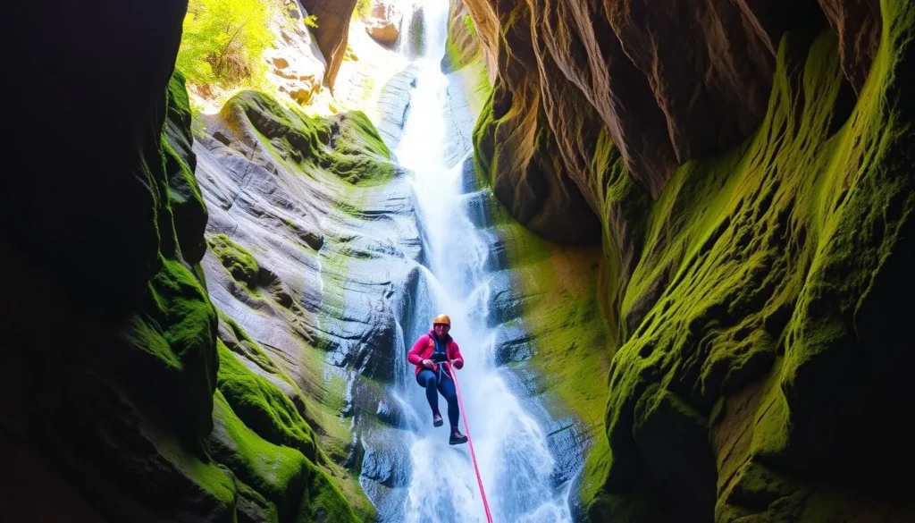 Canyoning adventure in Jasper National Park, rappelling down a waterfall surrounded by lush canyon walls.