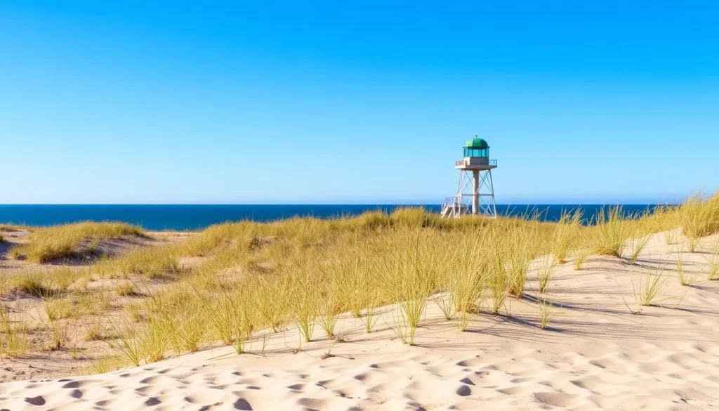 Cape Henlopen State Park beach and dunes with observation tower