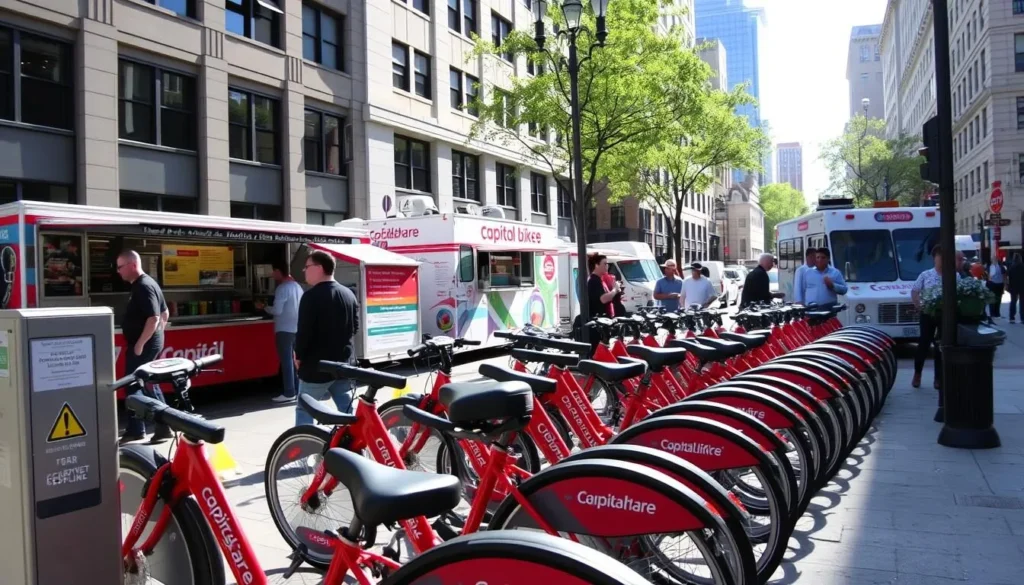 Capital Bikeshare station near food trucks in downtown Washington DC