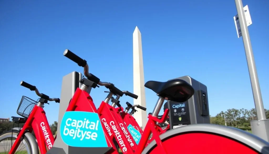 Capital Bikeshare station with red bikes available for rent near the Washington Monument