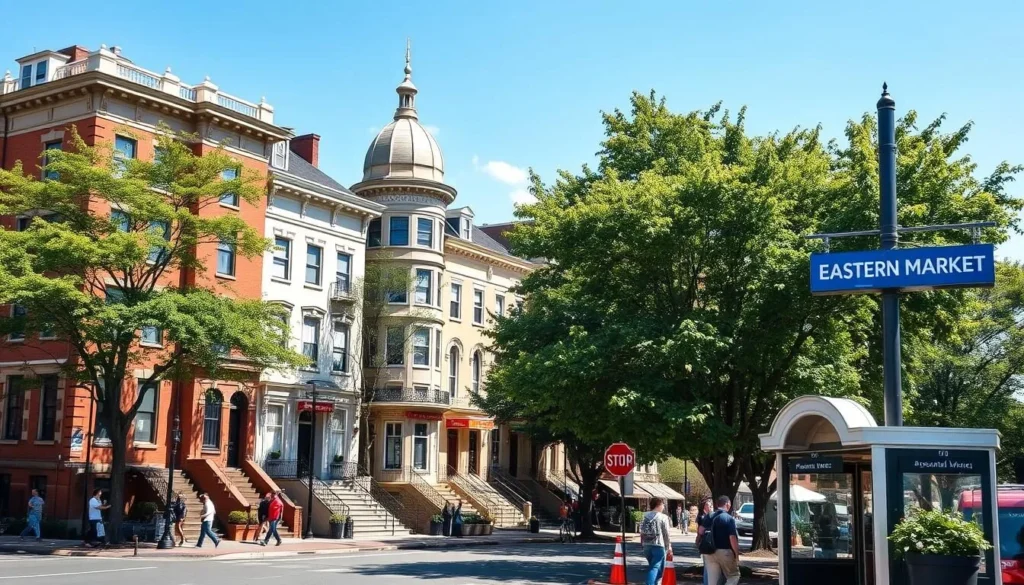 Capitol Hill neighborhood with historic rowhouses and Eastern Market Metro station