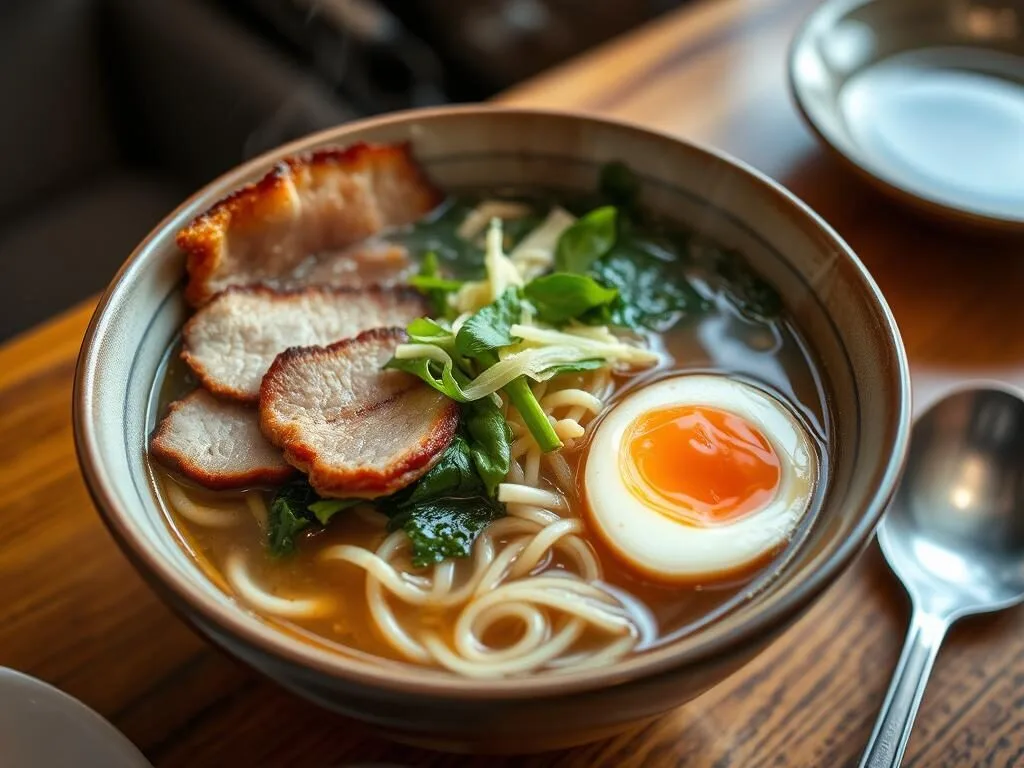 Carefully composed ramen bowl at Menya Hosaki with house-made noodles, representing authentic Washington DC Japanese restaurants