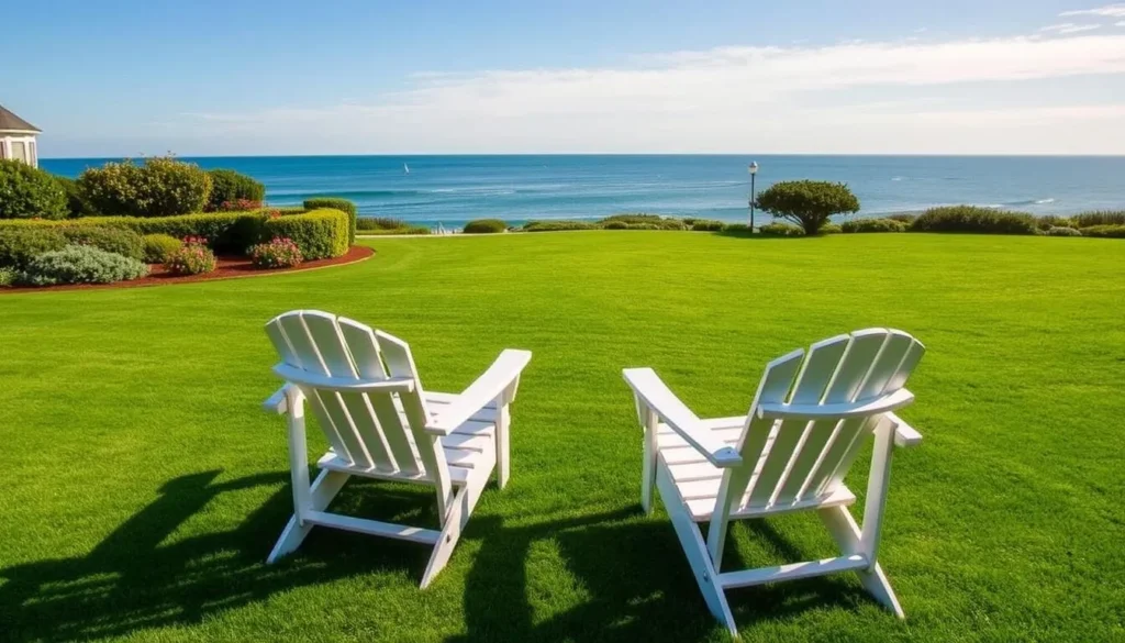 Castle Hill Inn Newport Rhode Island luxurious lawn with Adirondack chairs and ocean view