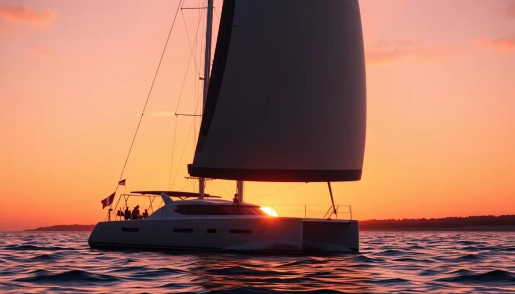 Catamaran sailing at sunset in Montauk with golden light on the water