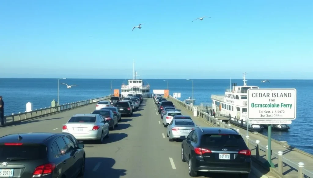 Cedar Island Ferry terminal with boats and the Pamlico Sound in the background Cedar Island Ferry terminal with boats and the Pamlico Sound in the background