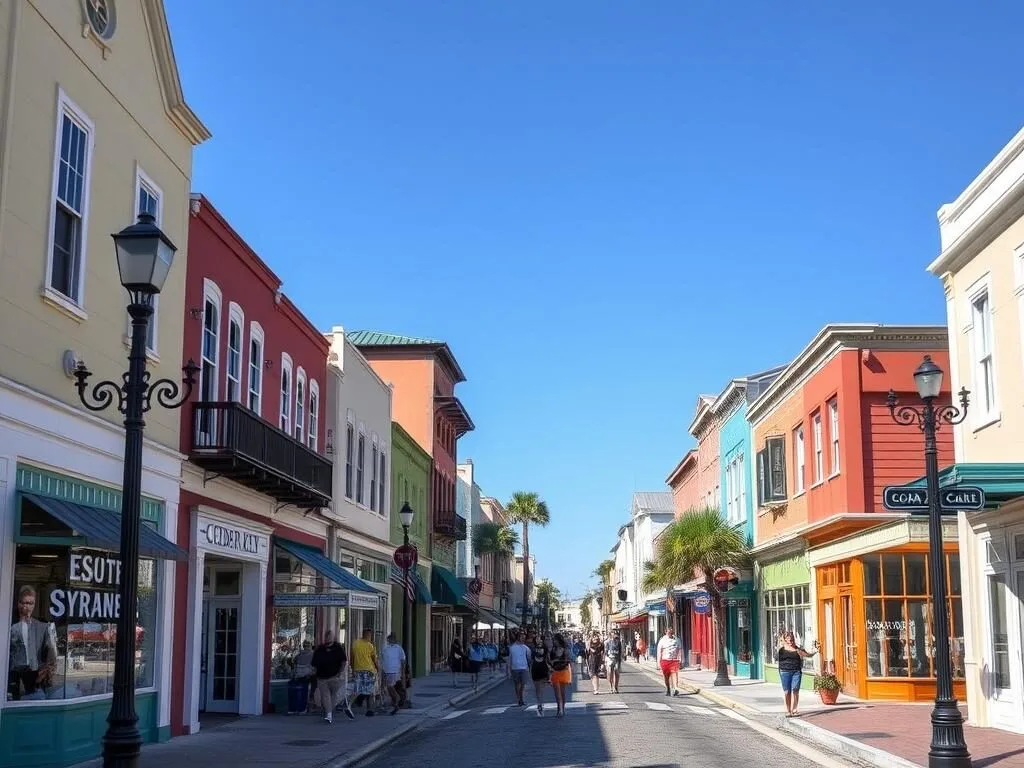 Cedar Key's historic downtown with colorful buildings, shops, and art galleries along 2nd Street