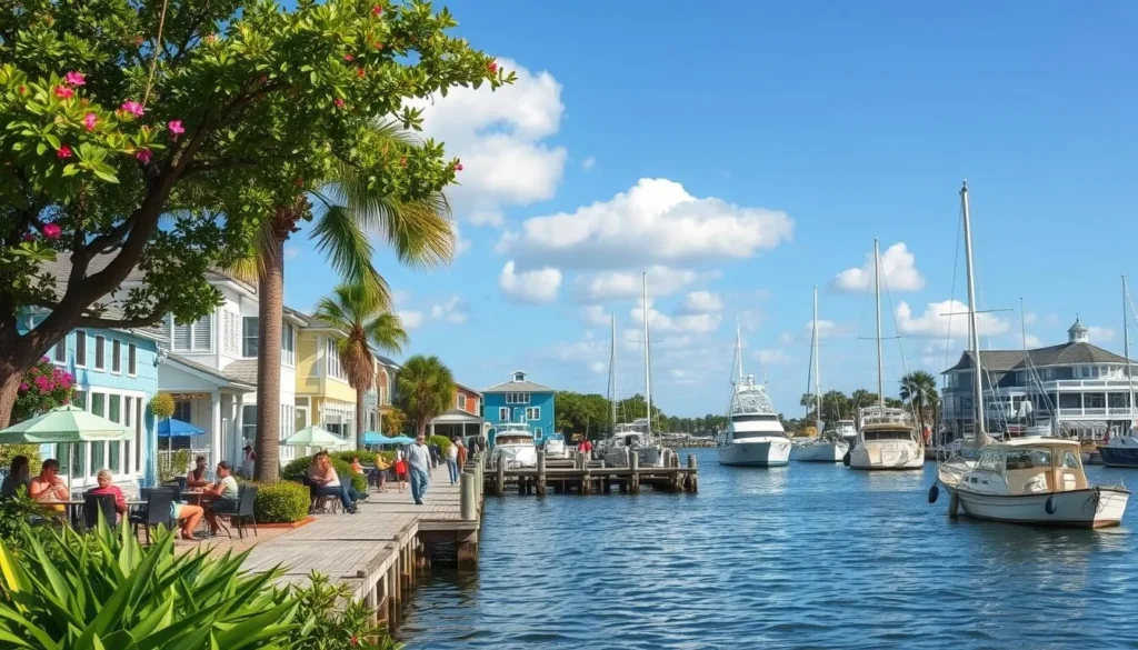 Cedar Key's waterfront during spring with clear blue skies, boats in the harbor, and people enjoying outdoor dining at waterfront restaurants