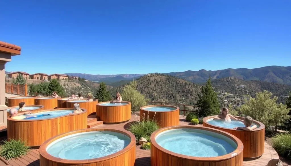 Cedar mineral water soaking tubs at SunWater Spa with mountain views