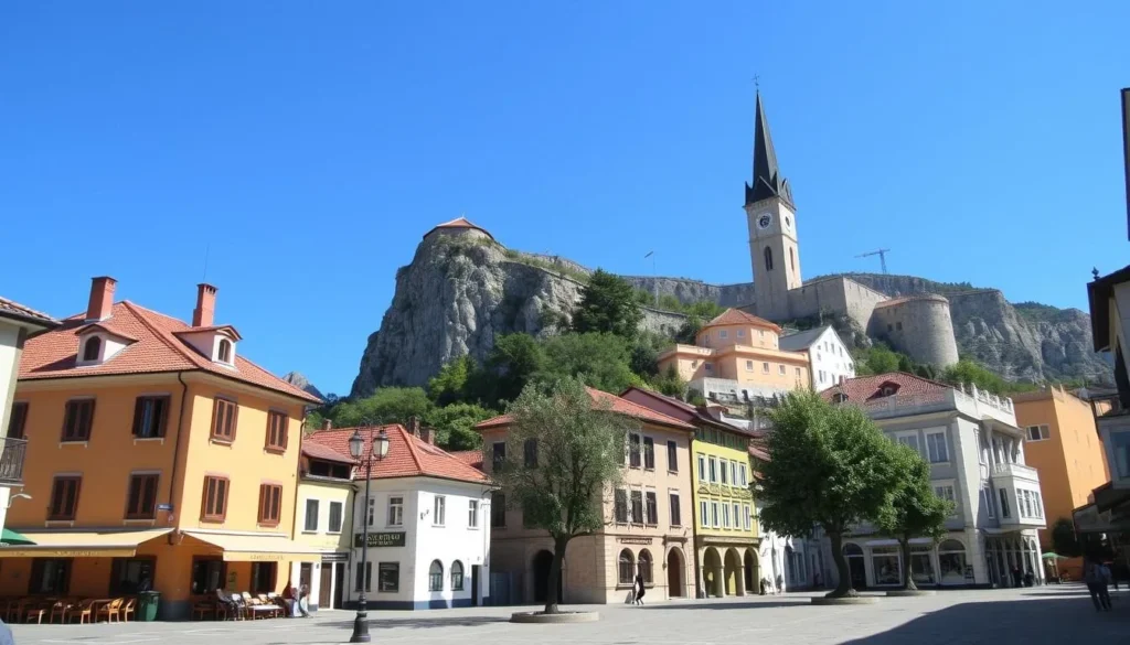 Cetinje Monastery and the main street of Montenegro's former royal capital Cetinje Monastery and the main street of Montenegro's former royal capital