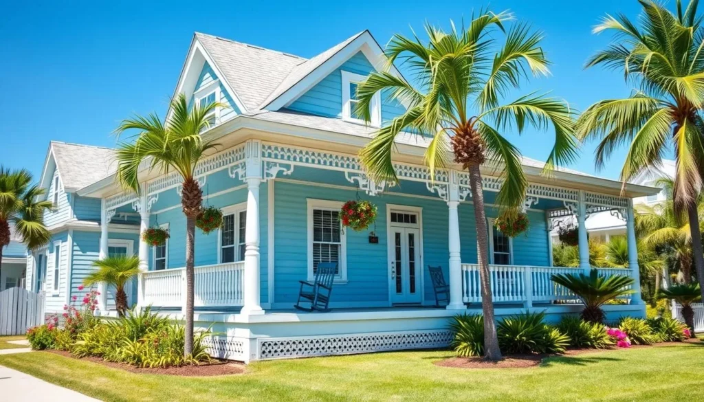 Charming Cedar Key bed and breakfast with Victorian architecture and wrap-around porch surrounded by palm trees