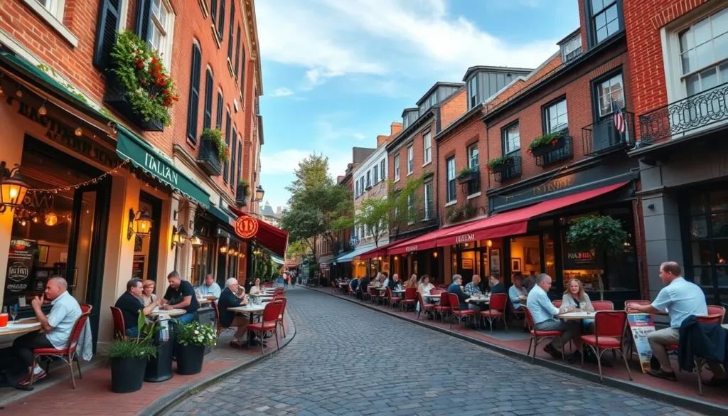 Charming Georgetown street with Italian restaurants featuring outdoor dining