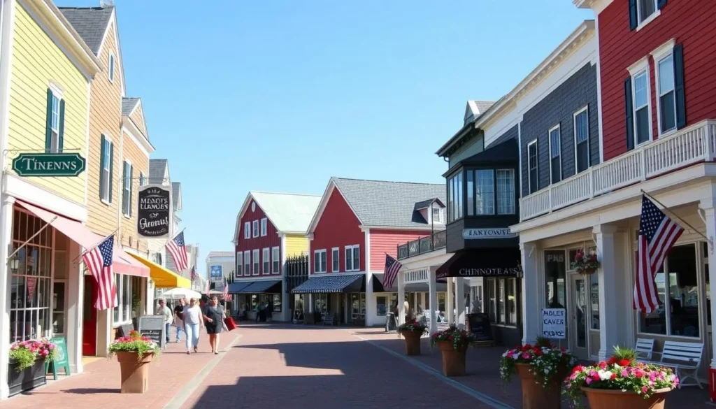 Charming Main Street in Chincoteague with colorful shops and historic buildings Charming Main Street in Chincoteague with colorful shops and historic buildings