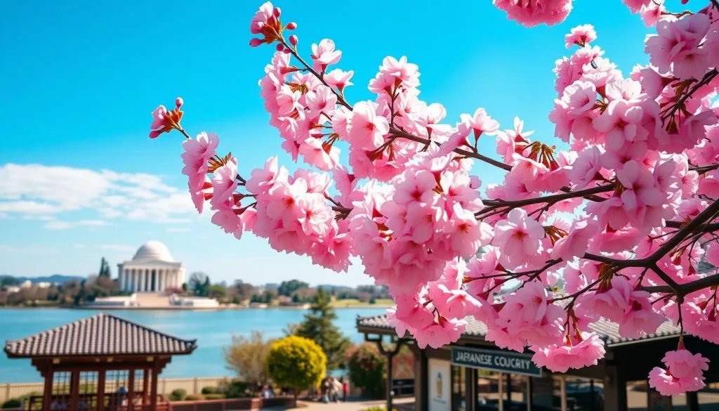 Cherry blossom season in Washington DC with Japanese restaurant visible in the background