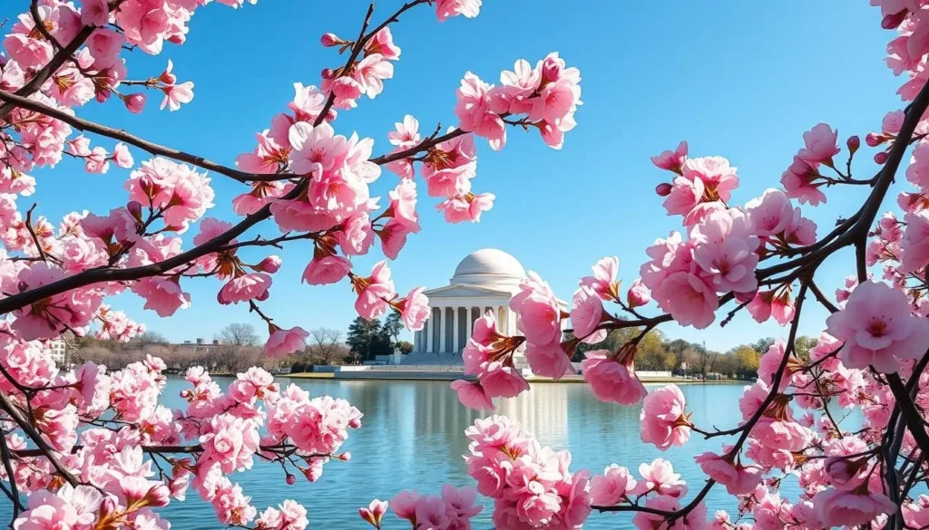 Cherry blossoms blooming around the Tidal Basin in Washington DC with the Jefferson Memorial in the background