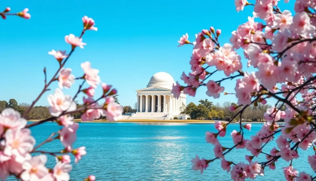 Cherry blossoms framing the Jefferson Memorial around the Tidal Basin in Washington DC during spring Cherry blossoms framing the Jefferson Memorial around the Tidal Basin in Washington DC during spring