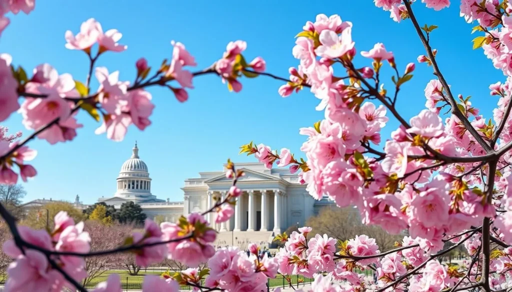 Cherry blossoms framing the view of museums on the National Mall in spring