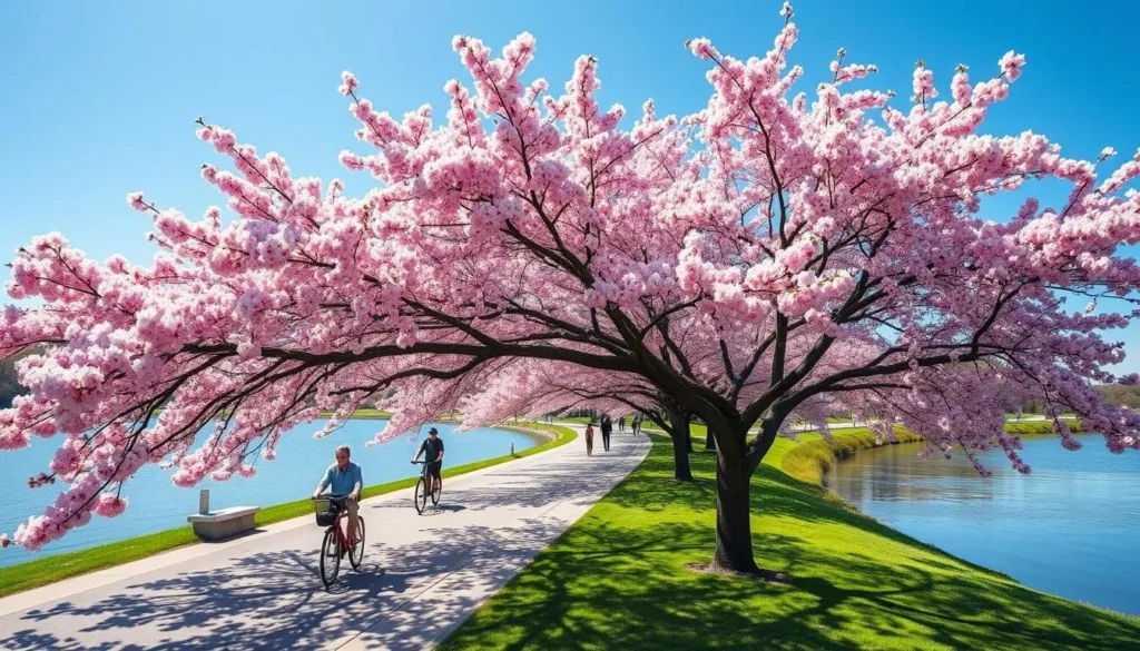 Cherry blossoms in bloom along a Washington DC trail in spring Cherry blossoms in bloom along a Washington DC trail in spring