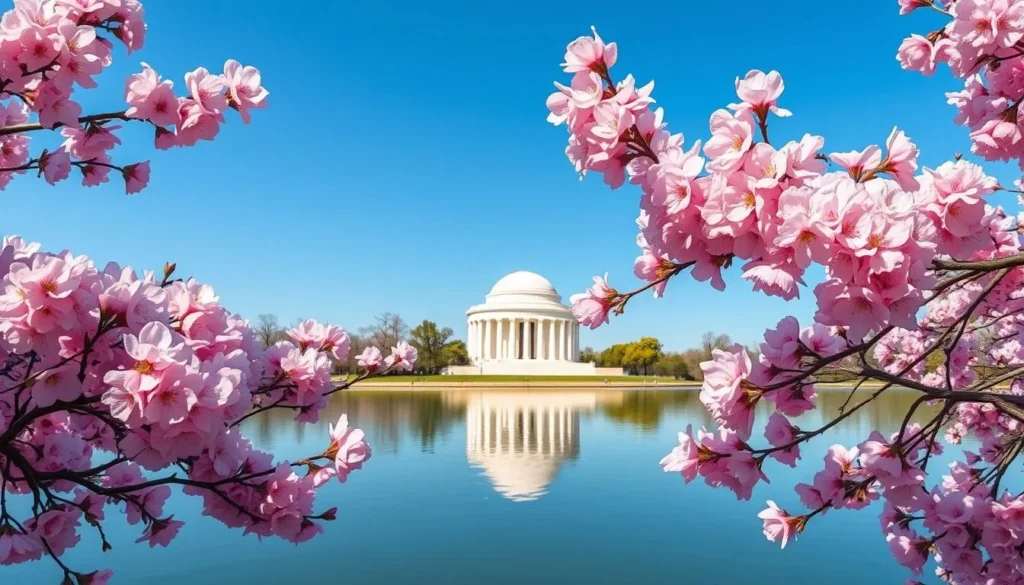 Cherry blossoms in full bloom around the Tidal Basin in Washington DC Cherry blossoms in full bloom around the Tidal Basin in Washington DC