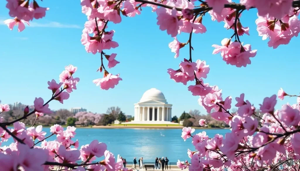 Cherry blossoms in full bloom around the Tidal Basin in Washington DC with the Jefferson Memorial in the background