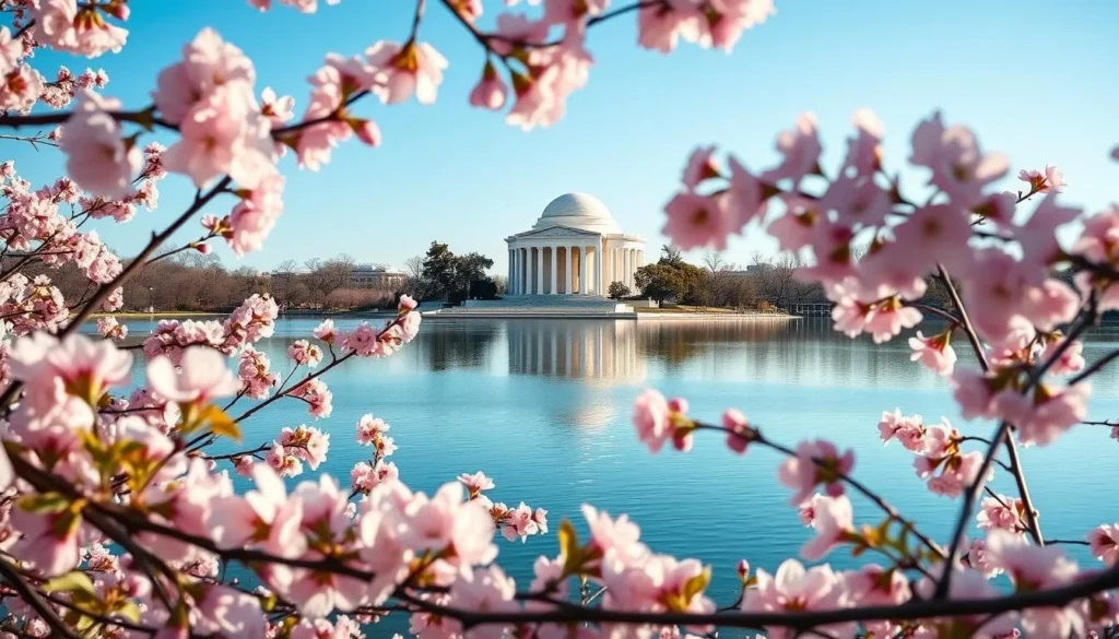 Cherry blossoms in full bloom around the Tidal Basin in Washington DC with the Jefferson Memorial visible in the background