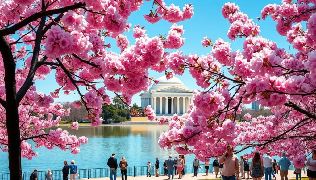 Cherry blossoms in full bloom around the Tidal Basin with the Jefferson Memorial in the background during spring in Washington DC