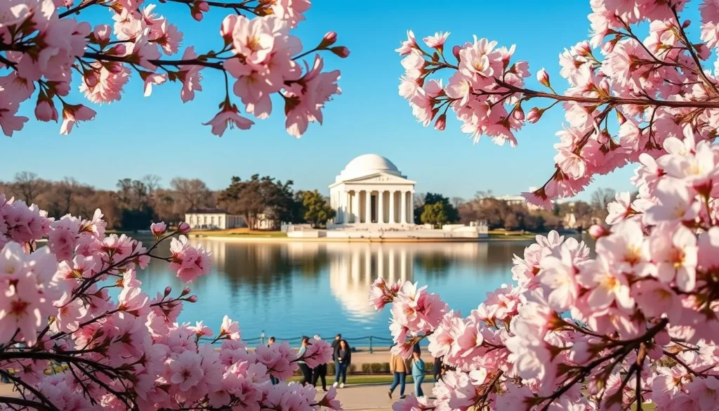 Cherry blossoms in full bloom around the Tidal Basin with the Jefferson Memorial in the background