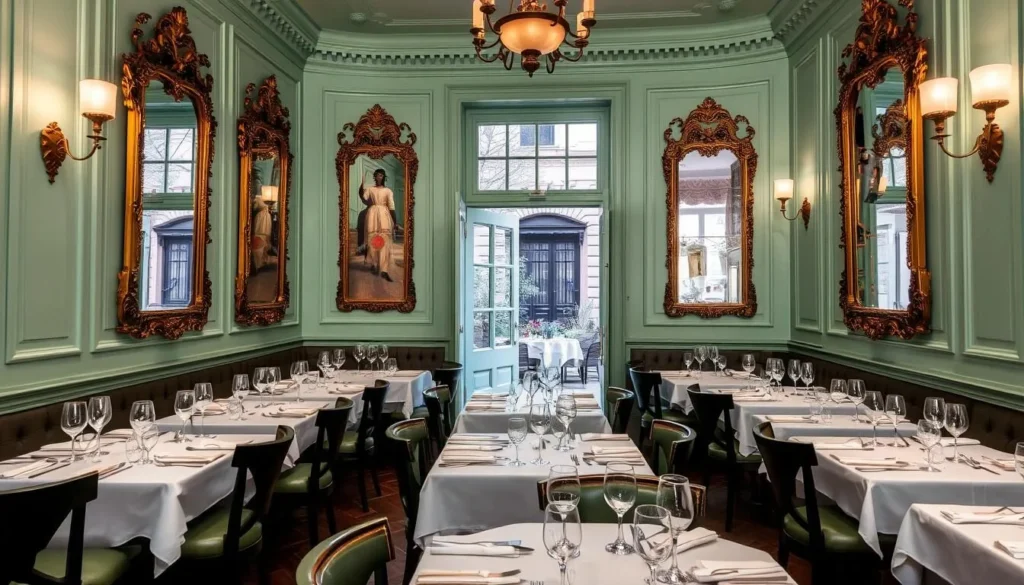 Chez Billy Sud's elegant dining room with French country decor and cobblestone patio
