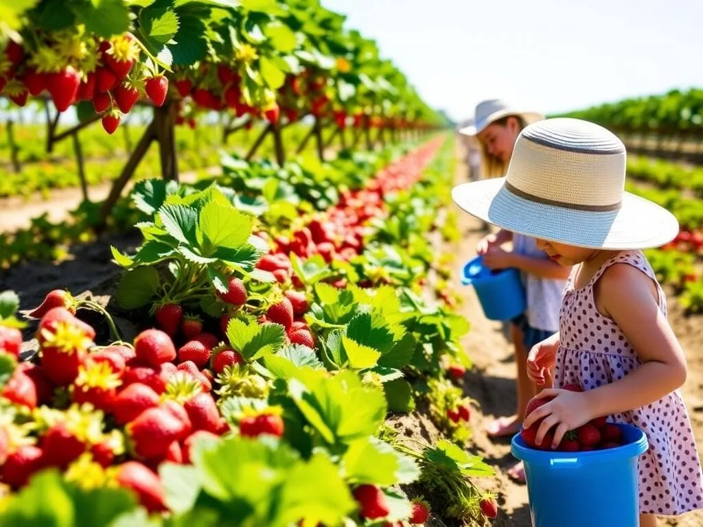 Children picking strawberries at Ricardoes Tomatoes and Strawberries