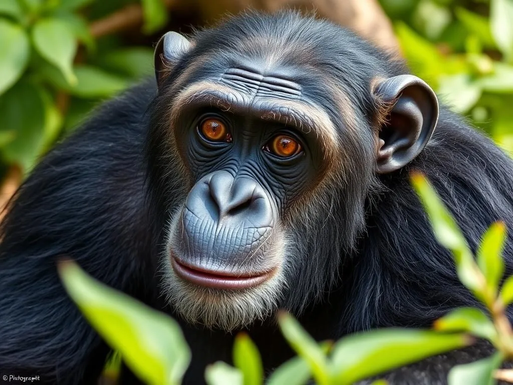 Chimpanzee at Tacugama Chimpanzee Sanctuary in Sierra Leone sitting thoughtfully in a natural forest habitat Chimpanzee at Tacugama Chimpanzee Sanctuary in Sierra Leone sitting thoughtfully in a natural forest habitat