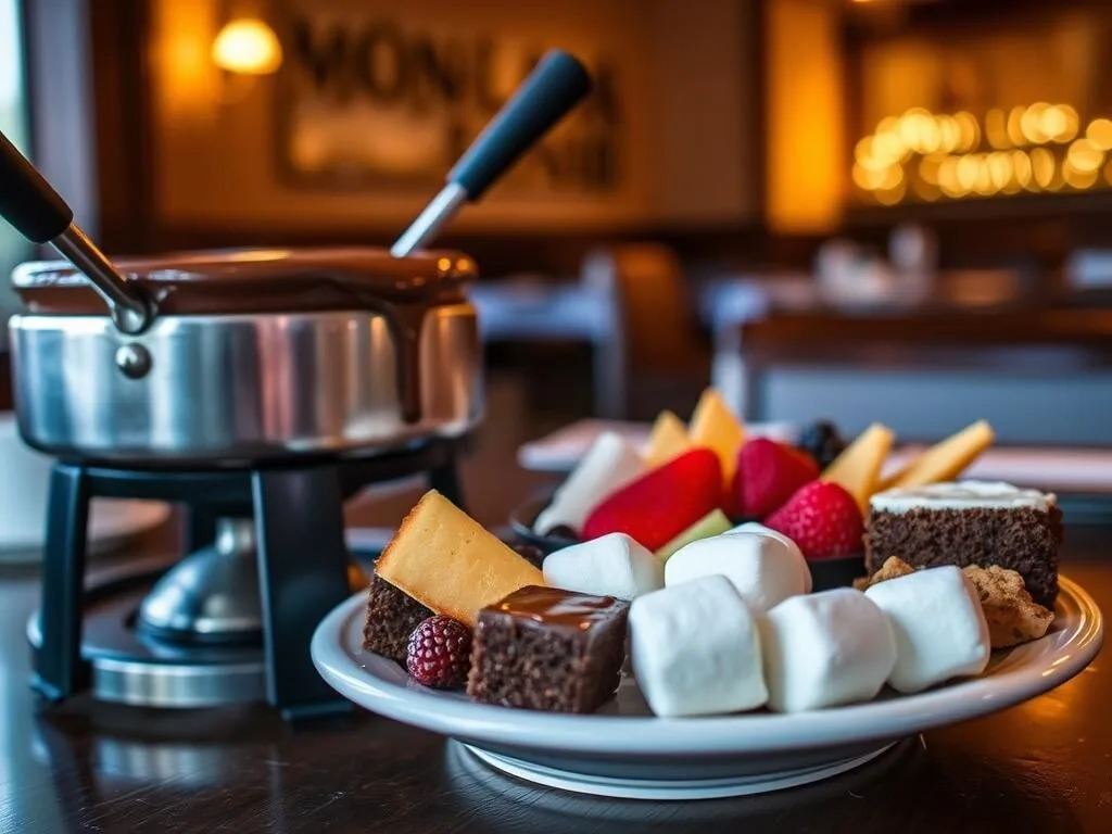 Chocolate fondue with dipping items at Mona Lisa Fondue Restaurant