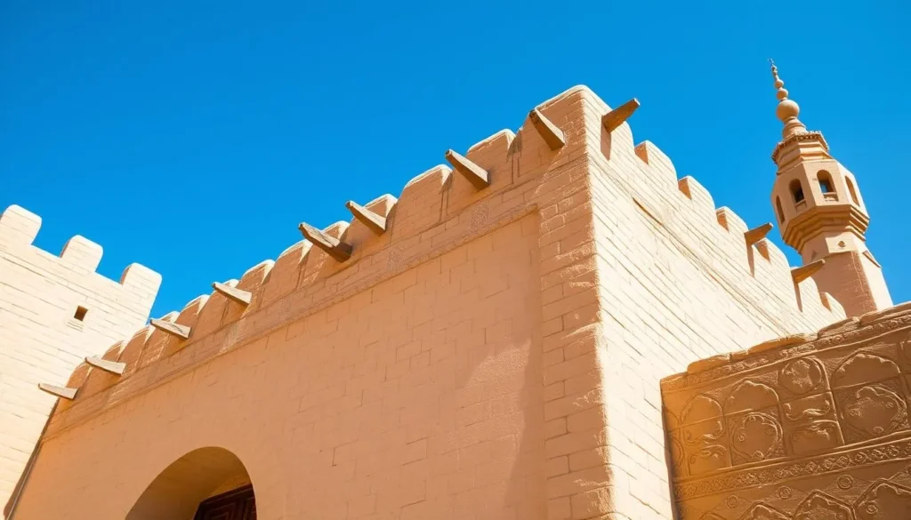 Close-up detail of the Great Mosque of Djenné showing the unique mud-brick architecture and wooden beams
