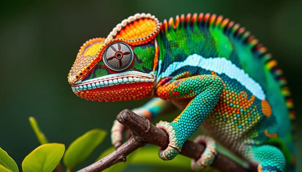Close-up of a colorful panther chameleon on a branch in Madagascar Close-up of a colorful panther chameleon on a branch in Madagascar