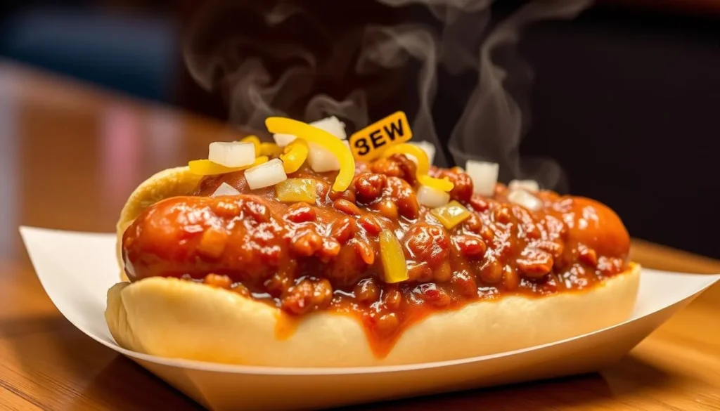 Close-up of a half-smoke sausage with chili and onions from Ben's Chili Bowl in Washington DC