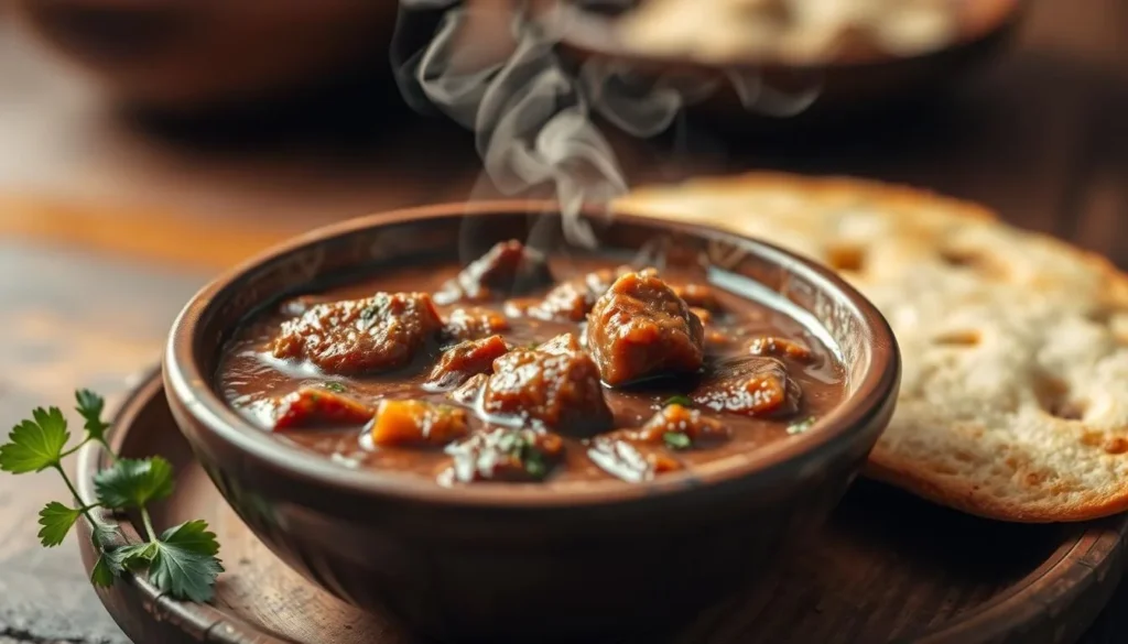 Close-up of traditional Guyanese pepperpot stew with cassava bread Close-up of traditional Guyanese pepperpot stew with cassava bread