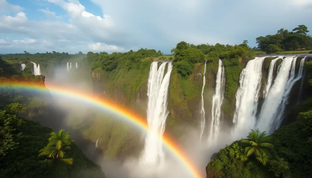 Close-up view of Kaieteur Falls with rainbow forming in the mist Close-up view of Kaieteur Falls with rainbow forming in the mist